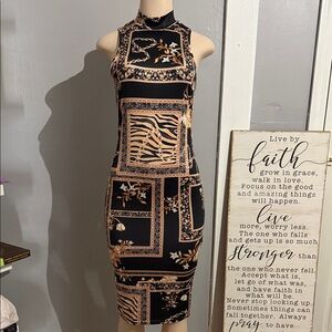 SHEIN Black and Gold Patterned Midi Dress